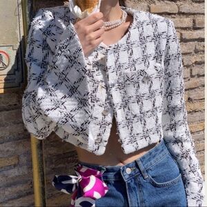 Kfashion/ Jfashion Seooocookie Glory White Checked Tweed Cropped Jacket Size S